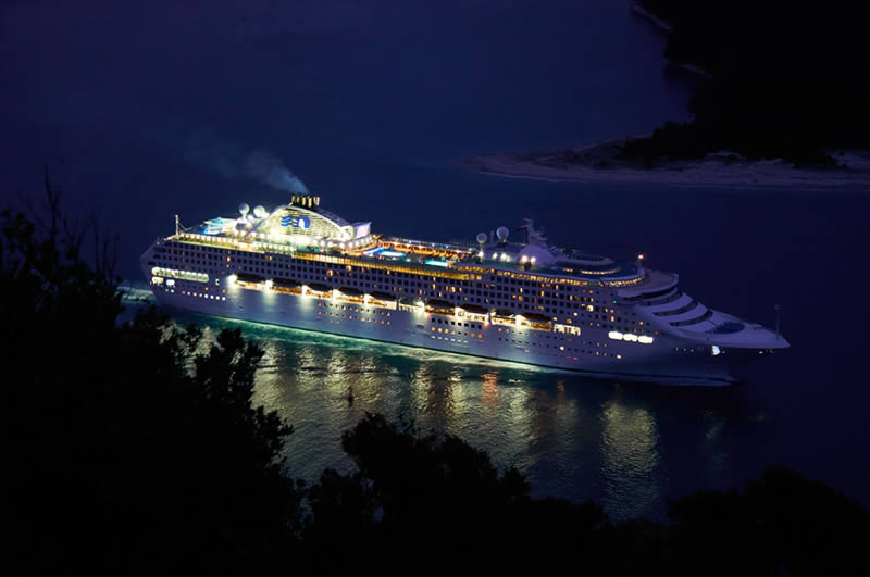 Princess cruise ship sailing at night