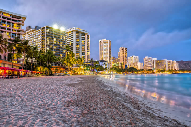 Waikiki Beach evening lights