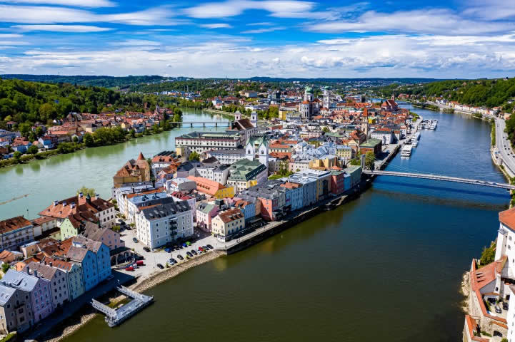Passau aerial view of city and Danube river